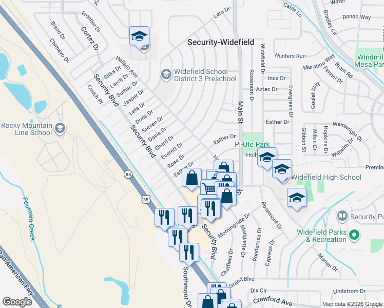 map of restaurants, bars, coffee shops, grocery stores, and more near 136 Rose Drive in Colorado Springs