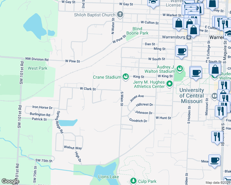 map of restaurants, bars, coffee shops, grocery stores, and more near 512 West Clark Street in Warrensburg