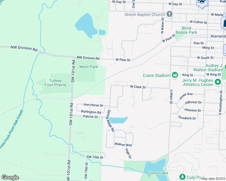 map of restaurants, bars, coffee shops, grocery stores, and more near 602 Spring Ridge Road in Warrensburg