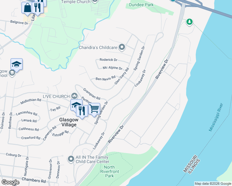 map of restaurants, bars, coffee shops, grocery stores, and more near 10613 Spring Garden Drive in St. Louis