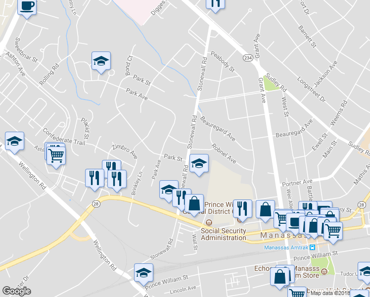 map of restaurants, bars, coffee shops, grocery stores, and more near 9200 Stonewall Road in Manassas
