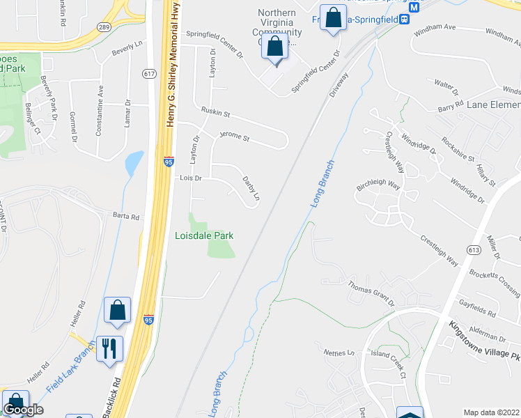 map of restaurants, bars, coffee shops, grocery stores, and more near 6798 Darby Lane in Springfield