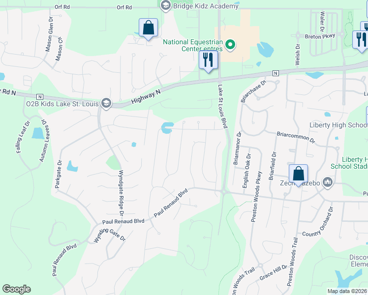 map of restaurants, bars, coffee shops, grocery stores, and more near 648 Moffet Laurel Drive in O'Fallon