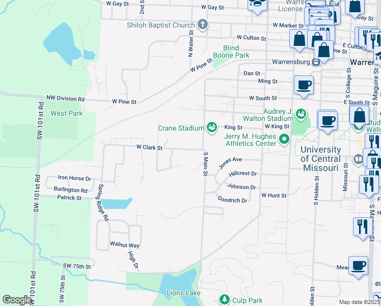 map of restaurants, bars, coffee shops, grocery stores, and more near 512 West Clark Street in Warrensburg