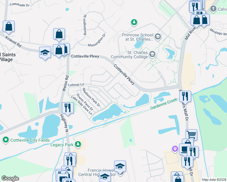 map of restaurants, bars, coffee shops, grocery stores, and more near 1100 Centre Lake Drive in St. Peters
