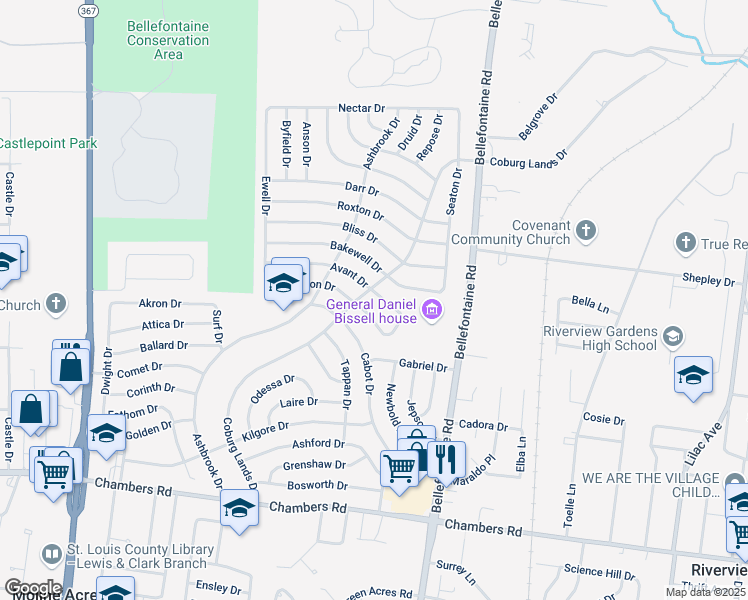 map of restaurants, bars, coffee shops, grocery stores, and more near 1034 Avant Drive in St. Louis