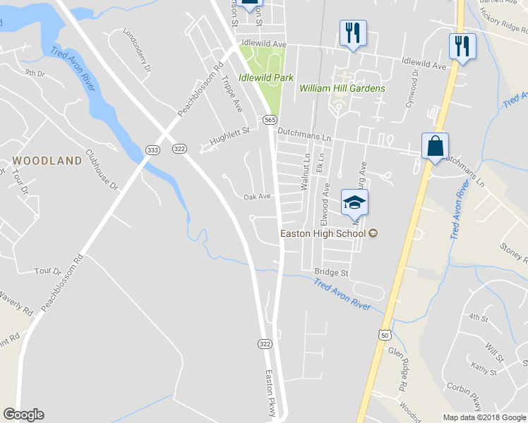 map of restaurants, bars, coffee shops, grocery stores, and more near 3 Papermill Street in Easton
