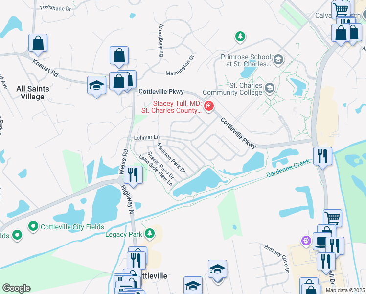 map of restaurants, bars, coffee shops, grocery stores, and more near 319 Lake Side View Lane in St. Peters