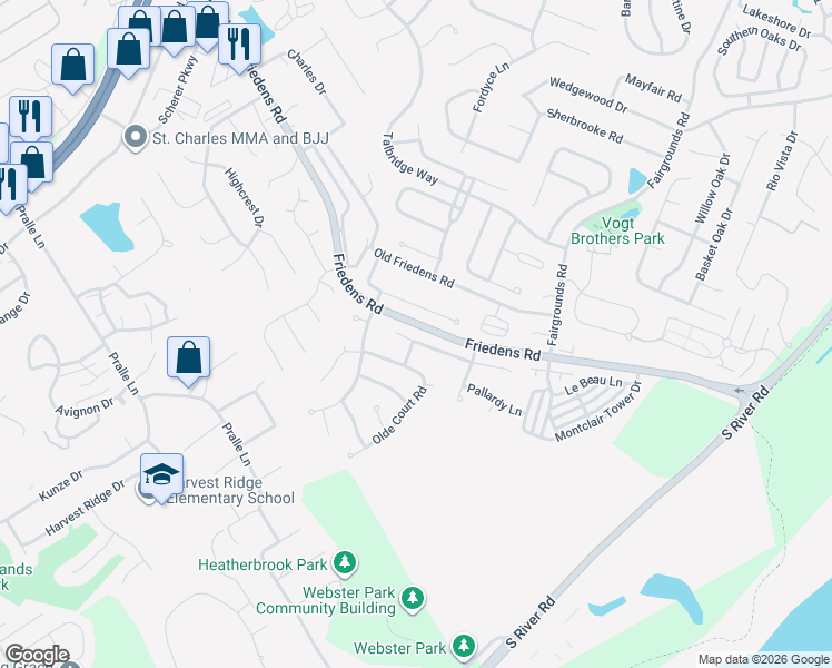 map of restaurants, bars, coffee shops, grocery stores, and more near 484 Angelique Place in Saint Charles