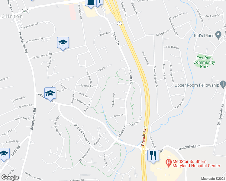 map of restaurants, bars, coffee shops, grocery stores, and more near 9702 Jewelwood Court in Clinton