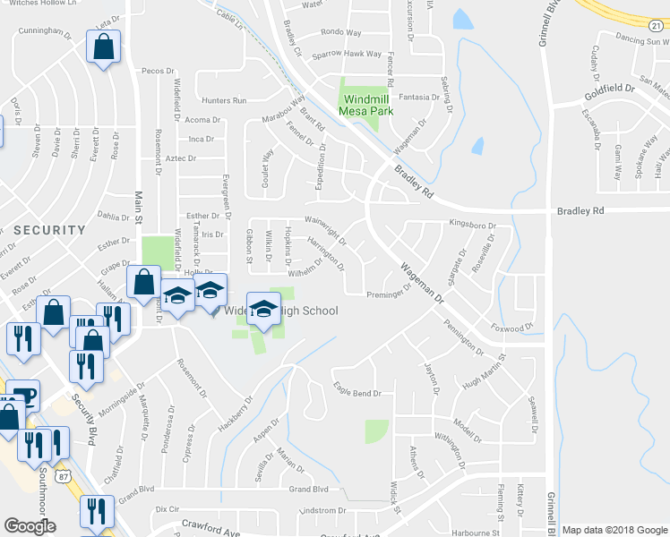 map of restaurants, bars, coffee shops, grocery stores, and more near 5140 Harrington Drive in Colorado Springs