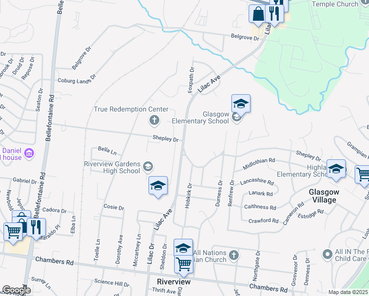 map of restaurants, bars, coffee shops, grocery stores, and more near 10430 Lilac Avenue in St. Louis