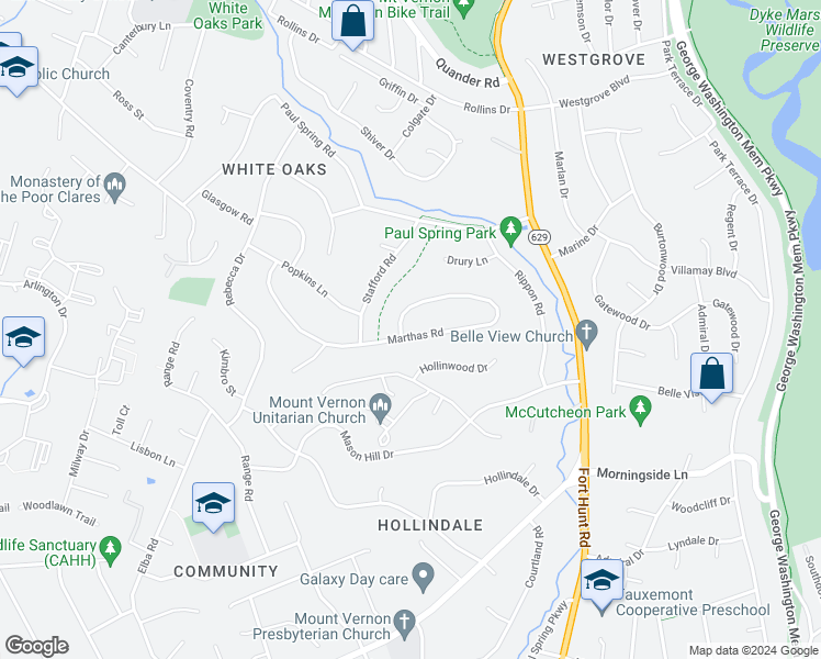 map of restaurants, bars, coffee shops, grocery stores, and more near 1952 Marthas Road in Alexandria