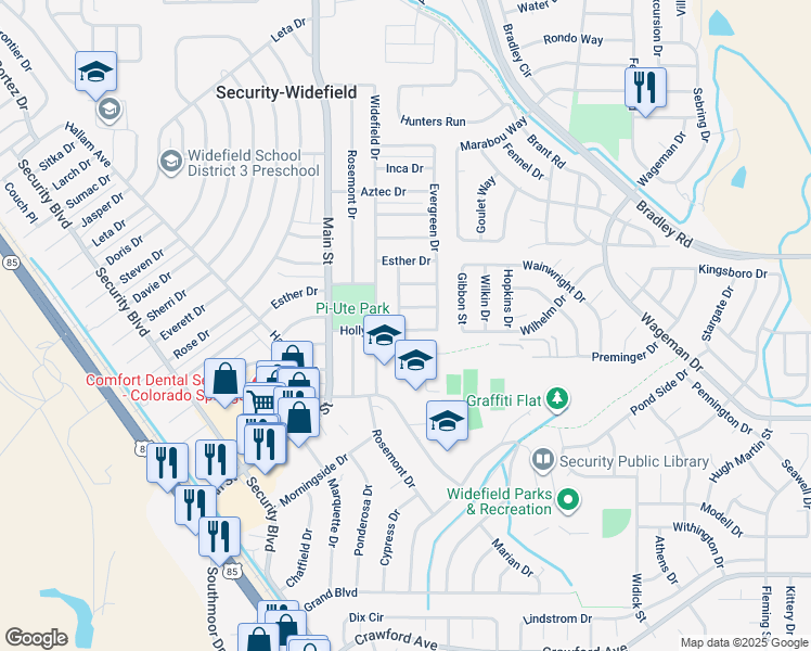 map of restaurants, bars, coffee shops, grocery stores, and more near 508 Holly Drive in Colorado Springs