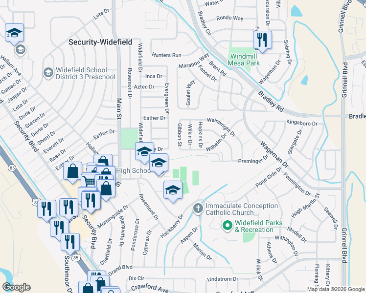 map of restaurants, bars, coffee shops, grocery stores, and more near 4969 Gibbon Street in Colorado Springs