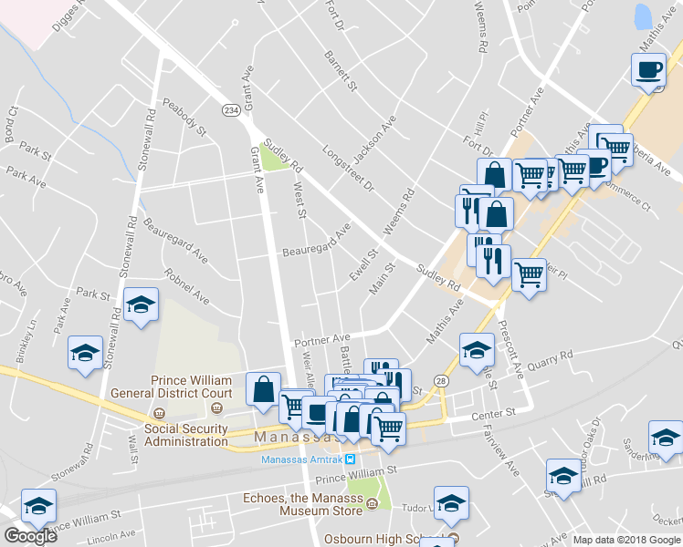 map of restaurants, bars, coffee shops, grocery stores, and more near 9117 Battle Street in Manassas