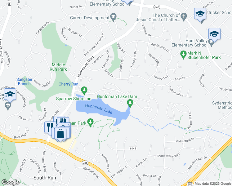 map of restaurants, bars, coffee shops, grocery stores, and more near 9083 Giltinan Court in Springfield