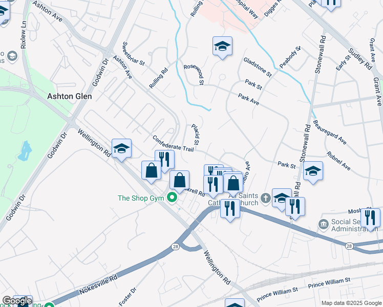 map of restaurants, bars, coffee shops, grocery stores, and more near 9967 Confederate Trail in Manassas