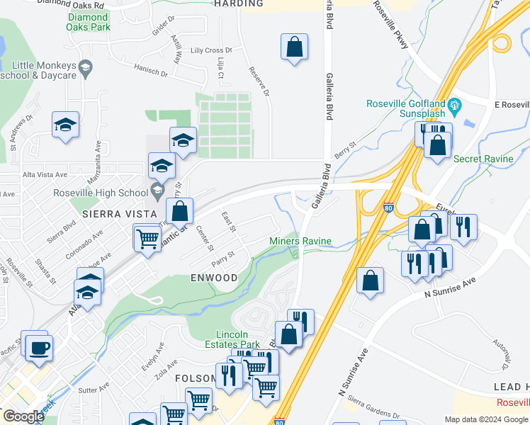 map of restaurants, bars, coffee shops, grocery stores, and more near 1037 Shearer Street in Roseville