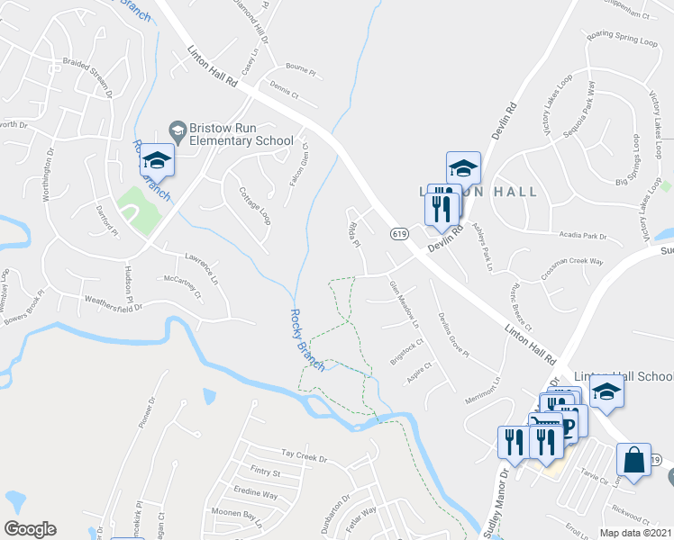 map of restaurants, bars, coffee shops, grocery stores, and more near 9176 Rilda Pl in Bristow