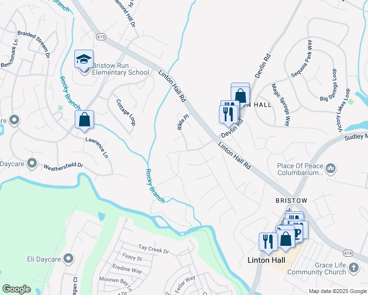 map of restaurants, bars, coffee shops, grocery stores, and more near 9204 Rilda Place in Bristow