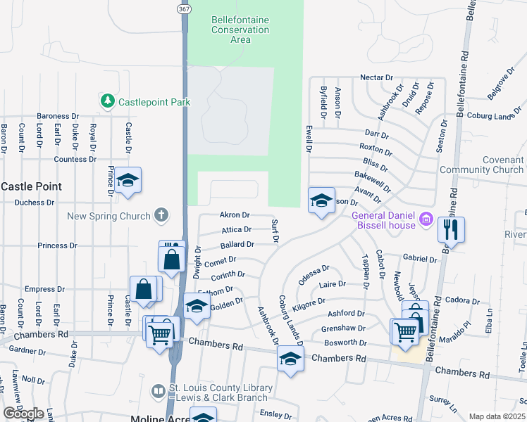 map of restaurants, bars, coffee shops, grocery stores, and more near 1413 Akron Dr in St Louis