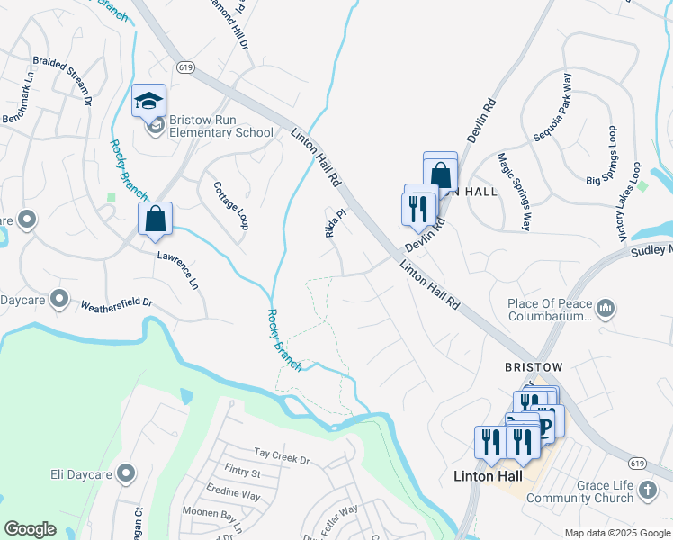 map of restaurants, bars, coffee shops, grocery stores, and more near 9204 Rilda Place in Bristow