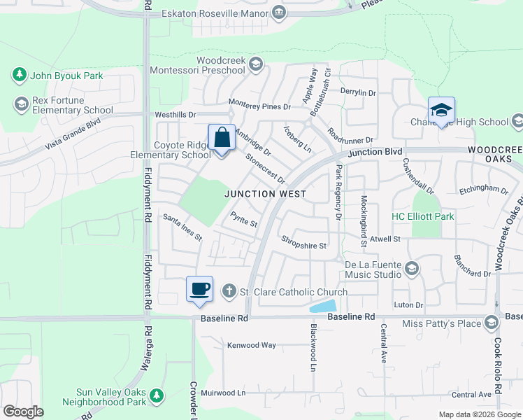 map of restaurants, bars, coffee shops, grocery stores, and more near 1800 Granite Way in Roseville