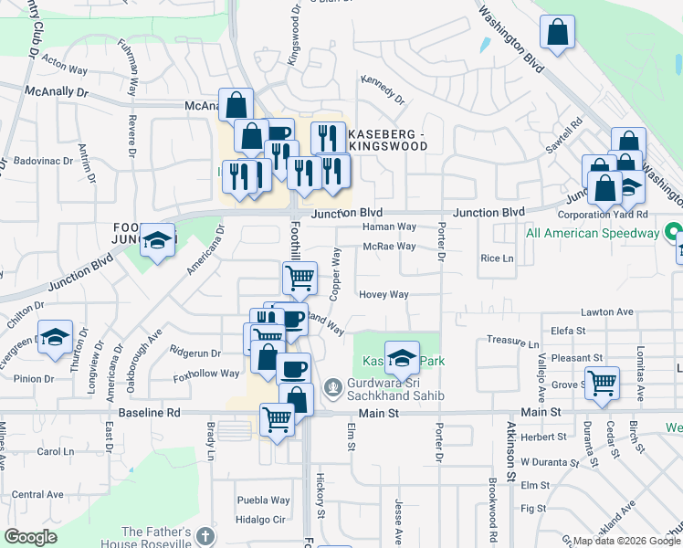 map of restaurants, bars, coffee shops, grocery stores, and more near 632 Copper Way in Roseville
