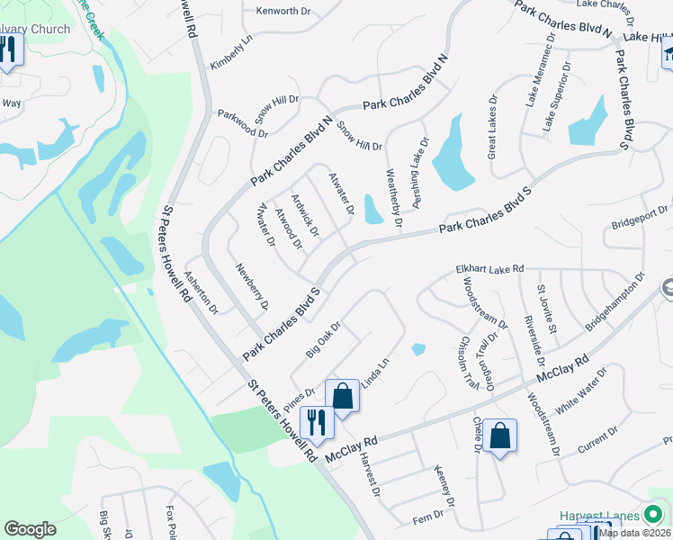 map of restaurants, bars, coffee shops, grocery stores, and more near 41 Park Charles Boulevard South in St. Peters