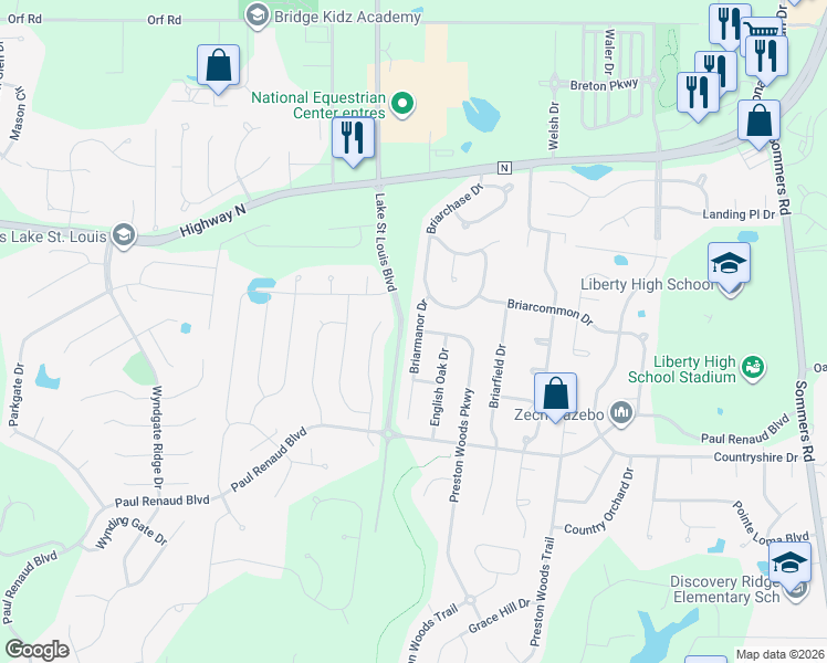 map of restaurants, bars, coffee shops, grocery stores, and more near 1713 Briarmanor Drive in Lake Saint Louis