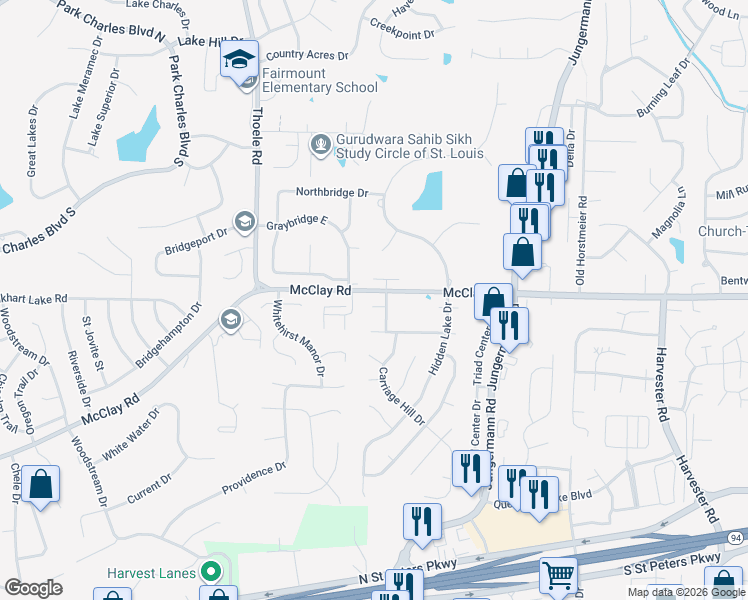 map of restaurants, bars, coffee shops, grocery stores, and more near 2 Bald Hill Court in St. Peters