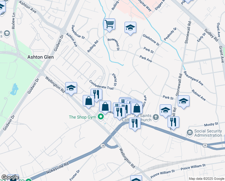 map of restaurants, bars, coffee shops, grocery stores, and more near 9967 Confederate Trail in Manassas