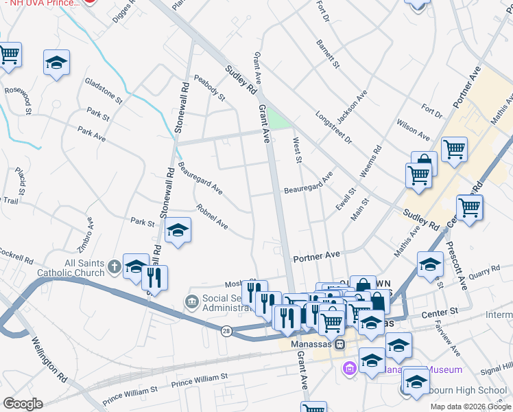 map of restaurants, bars, coffee shops, grocery stores, and more near 9123 Peabody Street in Manassas