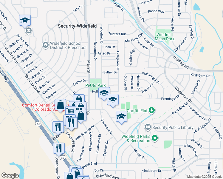 map of restaurants, bars, coffee shops, grocery stores, and more near 512 Holly Drive in Colorado Springs