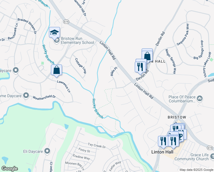 map of restaurants, bars, coffee shops, grocery stores, and more near 9176 Rilda Pl in Bristow