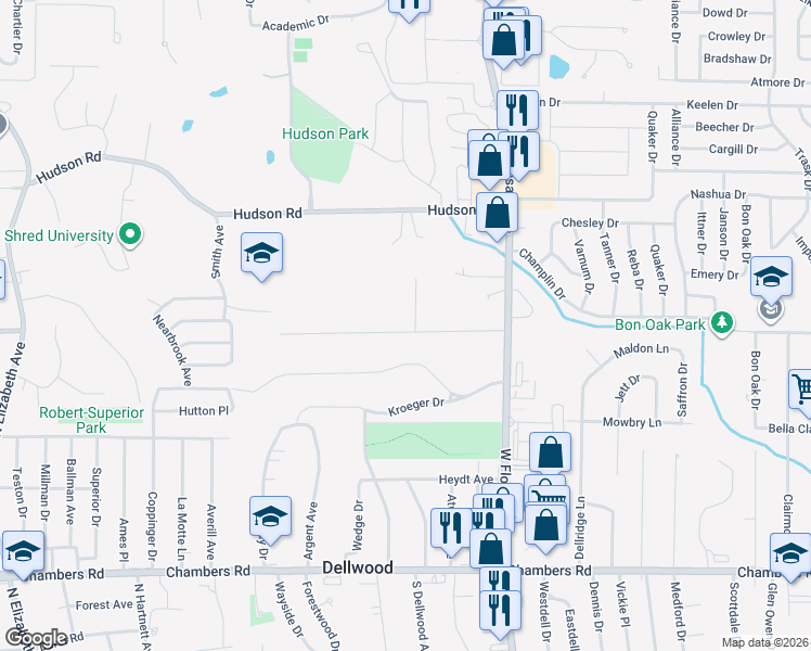map of restaurants, bars, coffee shops, grocery stores, and more near 905 Roussillon Court in Ferguson