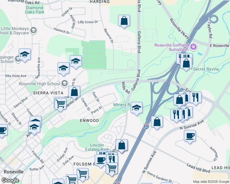 map of restaurants, bars, coffee shops, grocery stores, and more near 1049 Shearer Street in Roseville