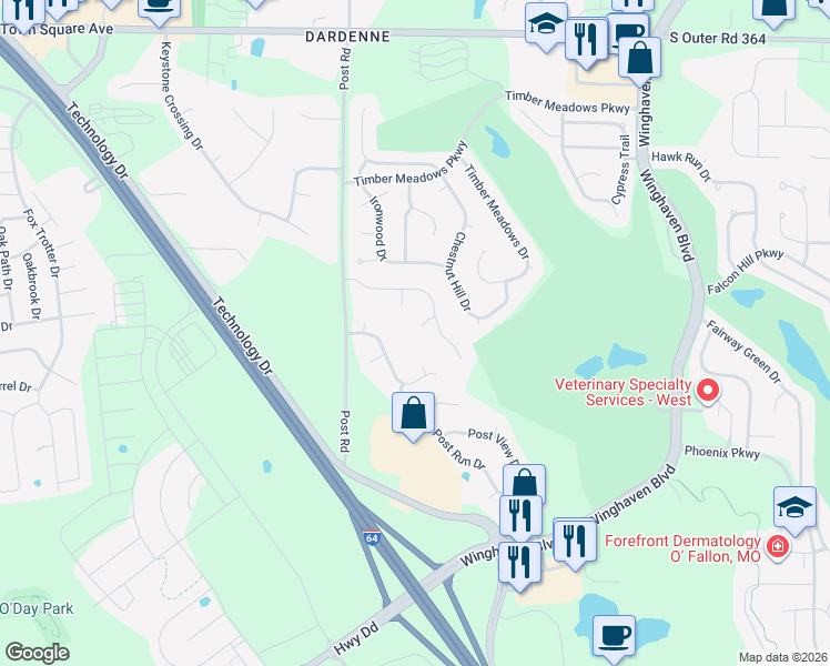 map of restaurants, bars, coffee shops, grocery stores, and more near 3701 Post Woods Court in O'Fallon