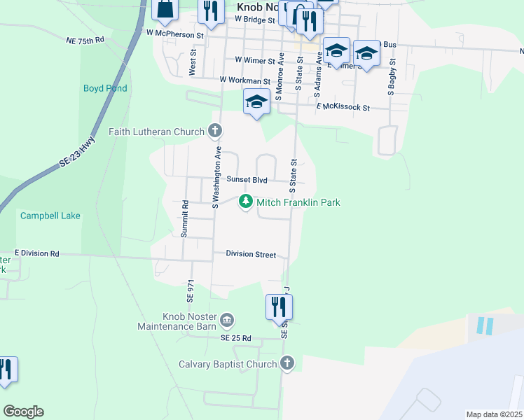 map of restaurants, bars, coffee shops, grocery stores, and more near 803 Hardy Street in Knob Noster