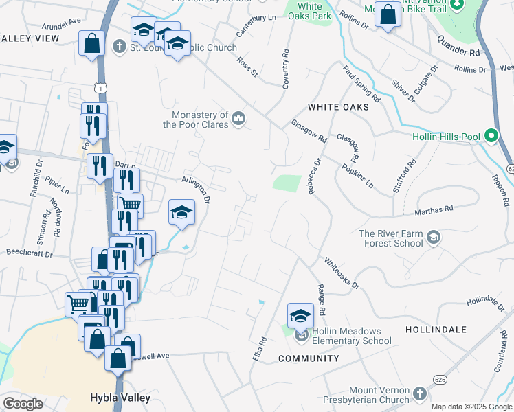 map of restaurants, bars, coffee shops, grocery stores, and more near 2431 Windbreak Drive in Alexandria