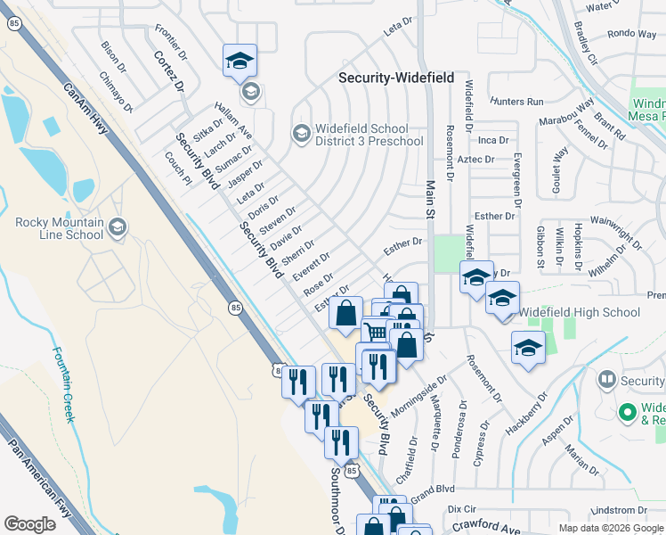 map of restaurants, bars, coffee shops, grocery stores, and more near 136 Rose Drive in Colorado Springs