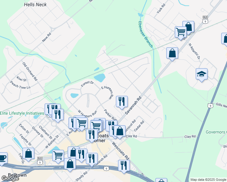map of restaurants, bars, coffee shops, grocery stores, and more near 33653 East Hunters Run in Lewes