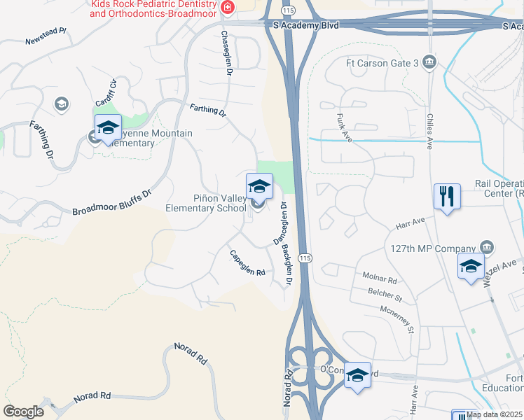map of restaurants, bars, coffee shops, grocery stores, and more near 6205 Farthing Drive in Colorado Springs