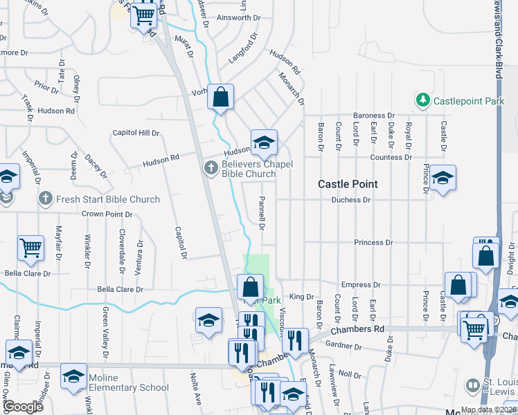 map of restaurants, bars, coffee shops, grocery stores, and more near 10238 Pannell Drive in St. Louis