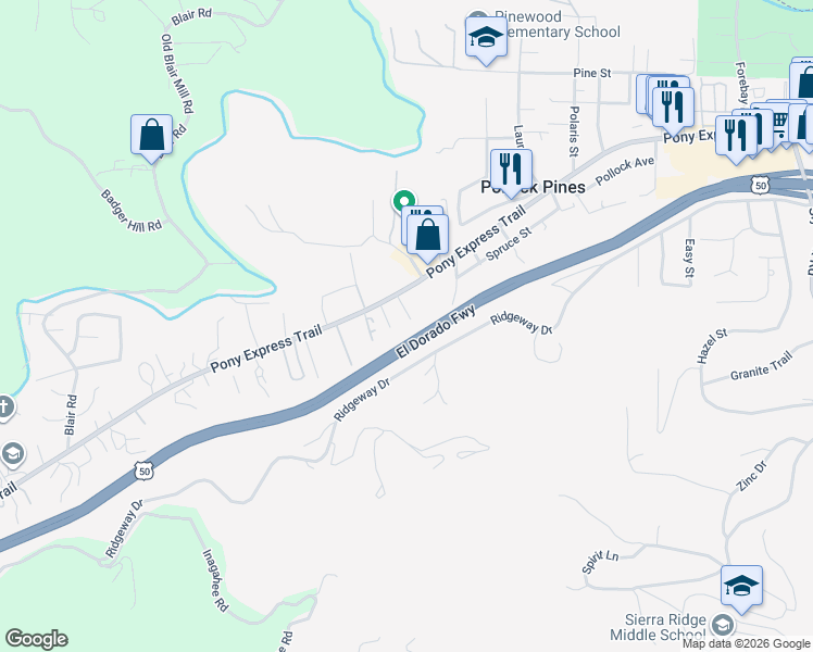 map of restaurants, bars, coffee shops, grocery stores, and more near 2960 Back Pack Trail in Pollock Pines