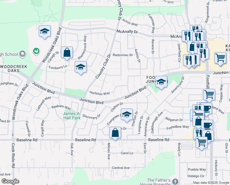 map of restaurants, bars, coffee shops, grocery stores, and more near 1718 Gateforth Court in Roseville