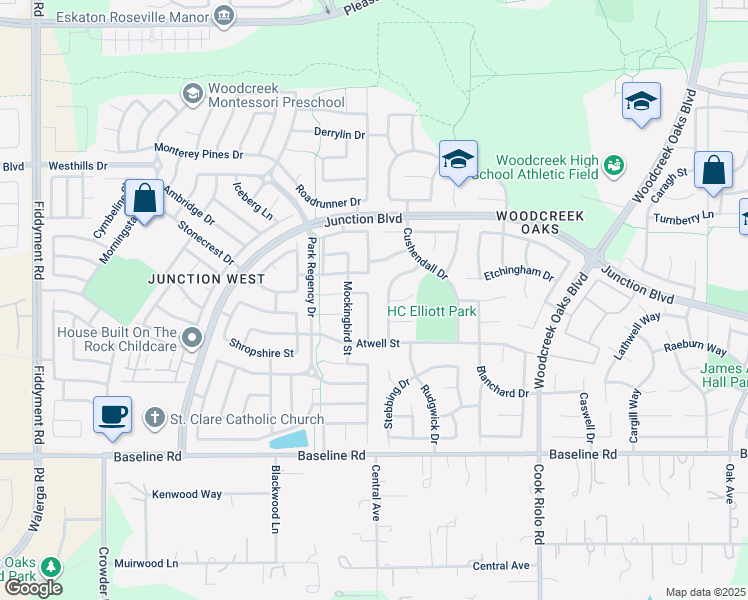 map of restaurants, bars, coffee shops, grocery stores, and more near 1749 Tanager Way in Roseville