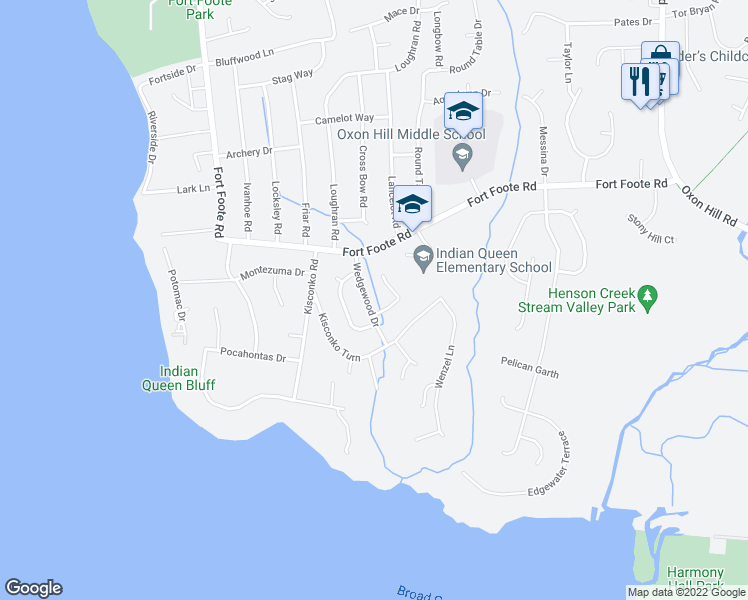 map of restaurants, bars, coffee shops, grocery stores, and more near 9612 Wedgewood Drive in Fort Washington