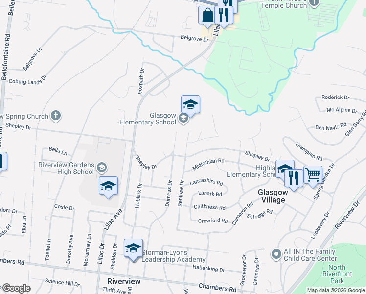 map of restaurants, bars, coffee shops, grocery stores, and more near 10512 Durness Drive in St. Louis